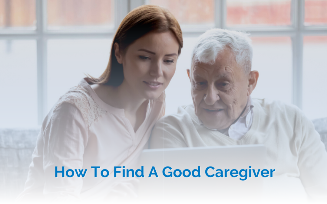 find a good caregiver - young woman helping elderly man find a caregiver with a laptop