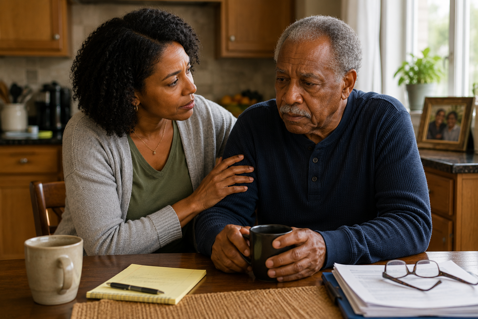 Adult child supporting elderly parent at home in Mon Valley Pennsylvania