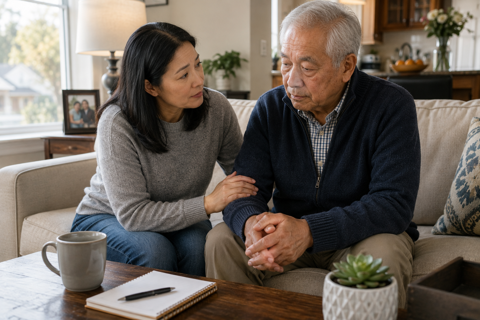 Adult child supporting elderly parent at home in Southwestern Pennsylvania