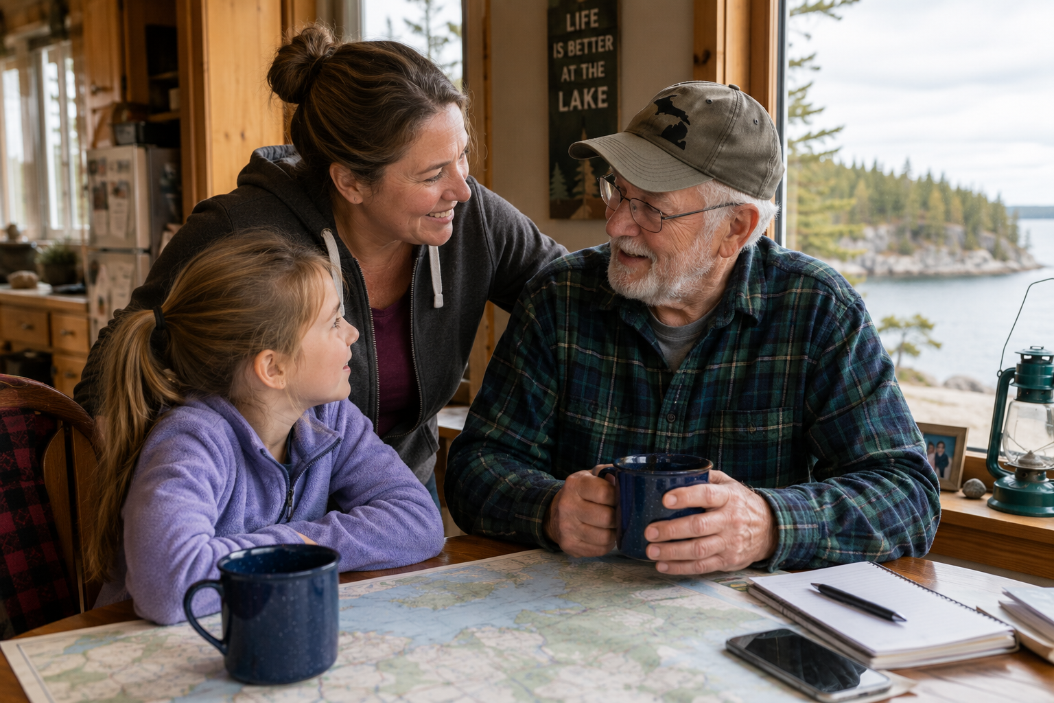Middle-aged adult managing care for aging parent while raising their own children in Michigan's Great Lakes region