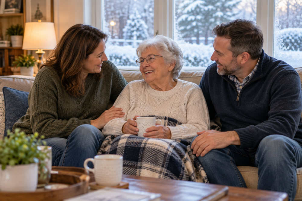 Caregiver helping an older man into his winter coat at home in Marquette, Michigan