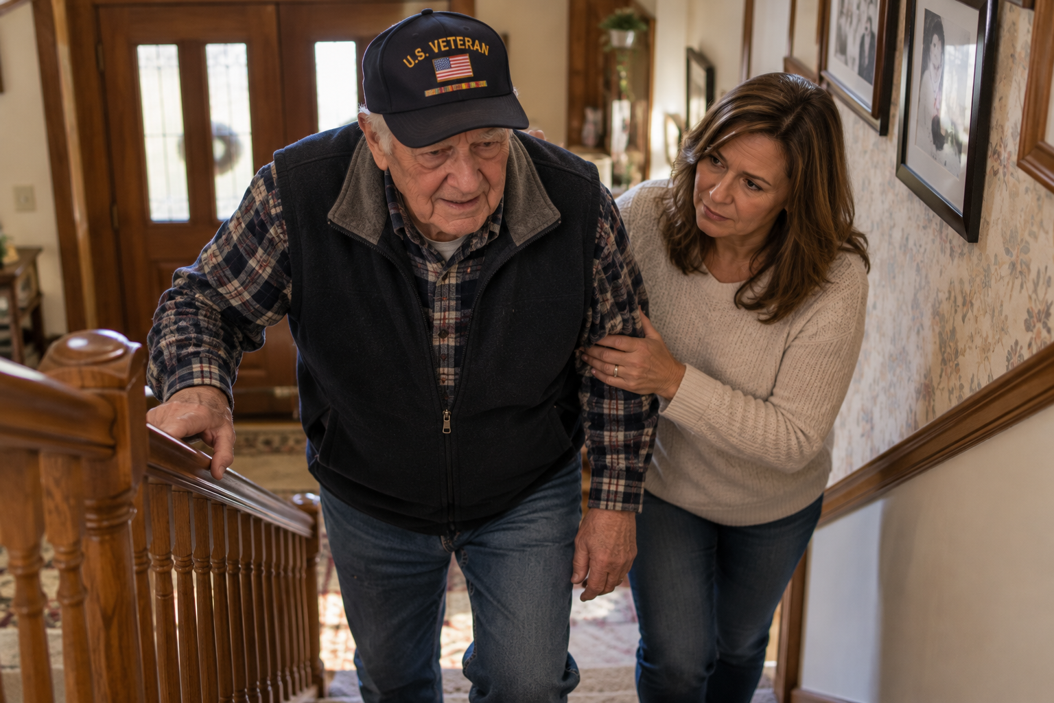 In-home caregiver talking with a senior veteran in his Pittsburgh living room