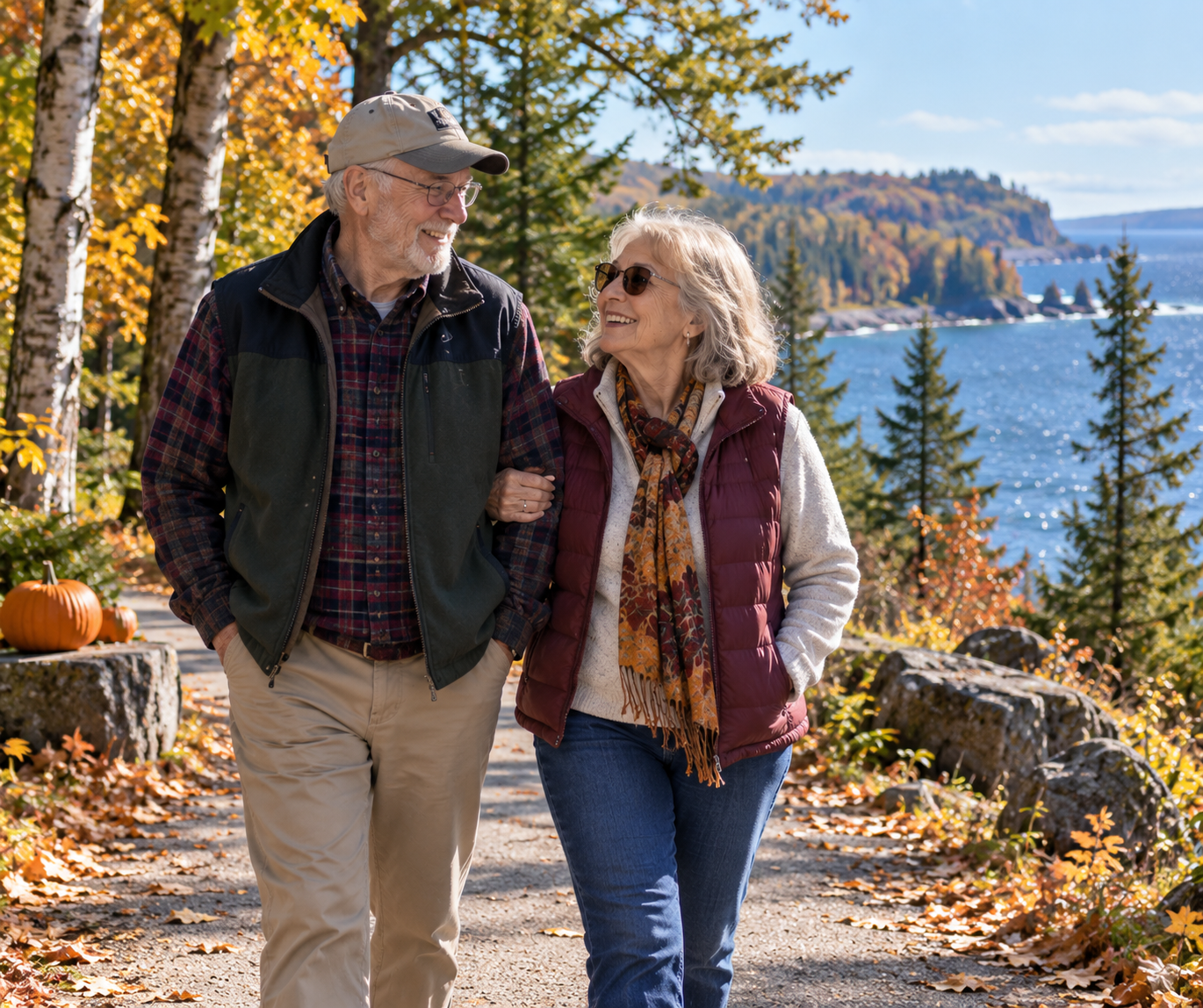 Caregiver and senior enjoying fall in Marquette, Michigan's Upper Peninsula