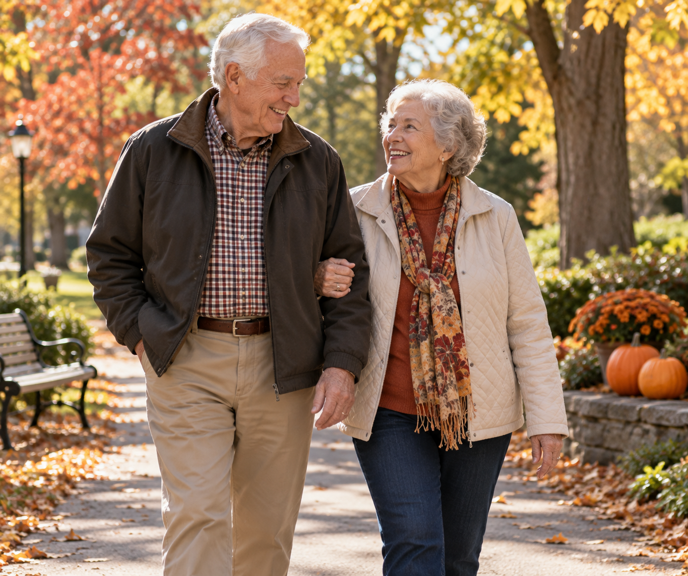 Senior and caregiver enjoying a fall activity in Youngstown, Ohio